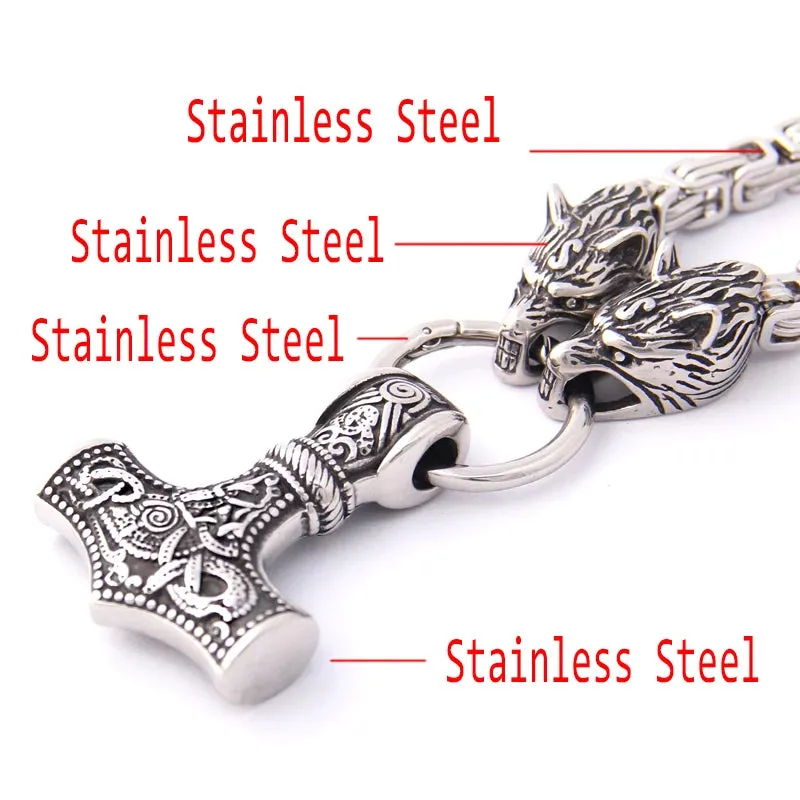 Viking Wolf Head Mjolnir Necklace