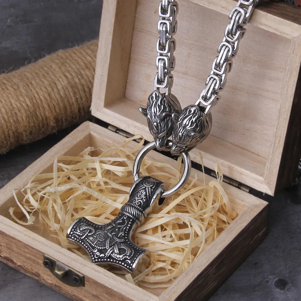 Viking Wolf Head Mjolnir Necklace